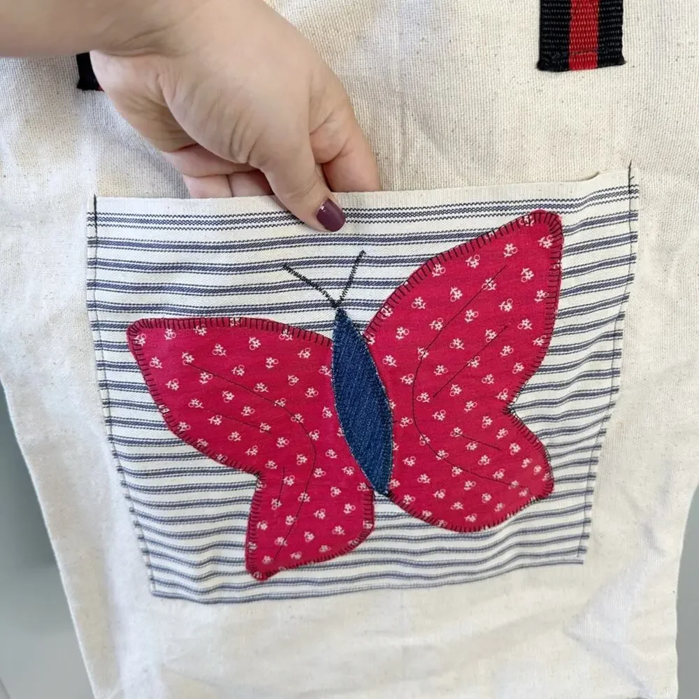 Vintage Handmade Quilted Patchwork Butterfly Tote Bag